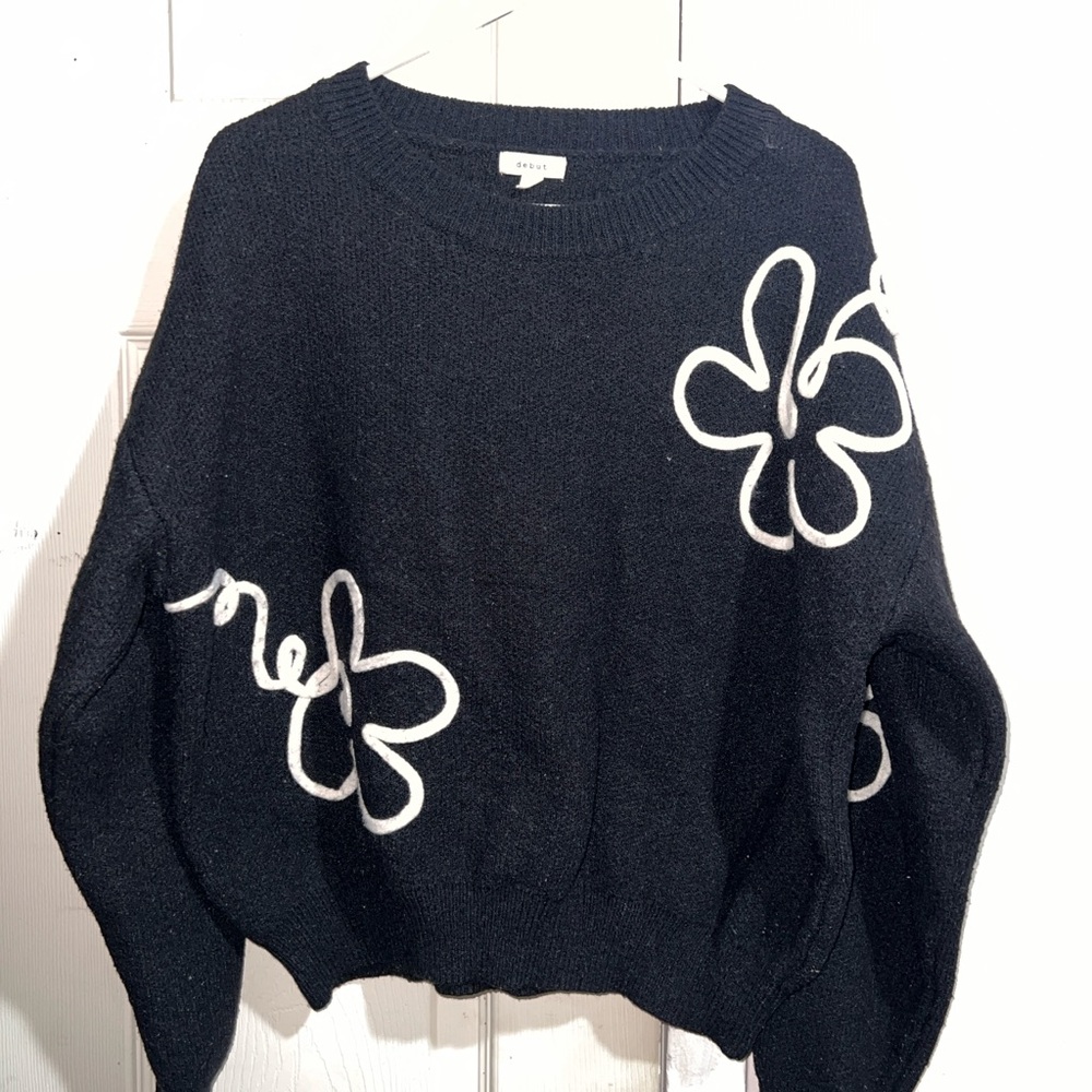 Mango Black and White Crew Neck Sweater with Artistic Floral Design